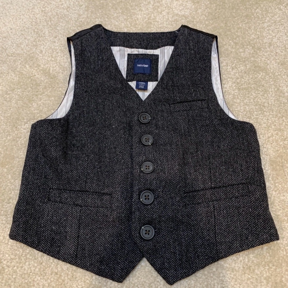 Baby Gap Toddler Kids Gray Suit Tux Vest Front Button Pockets Size 4 Years Wool